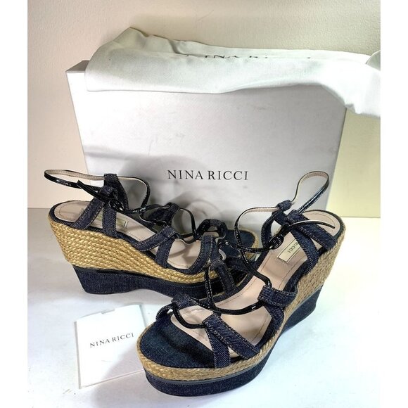 Nina Ricci Y2K Platform Wedge Espadrille Sandal Shoe Denim Size 37 / 6-7 - Picture 1 of 11